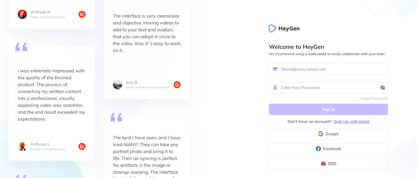 окно регистрации на сервисе HeyGen