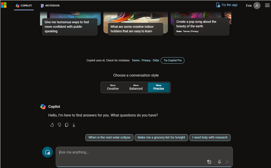 Интерфейс bing copilot